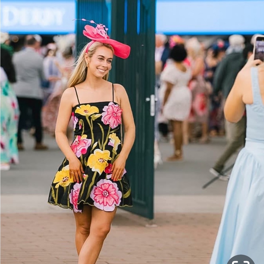 Anthropologie Black Strapless Mini Dress with Pink & Yellow Floral Appliqué - Picture 4 of 5